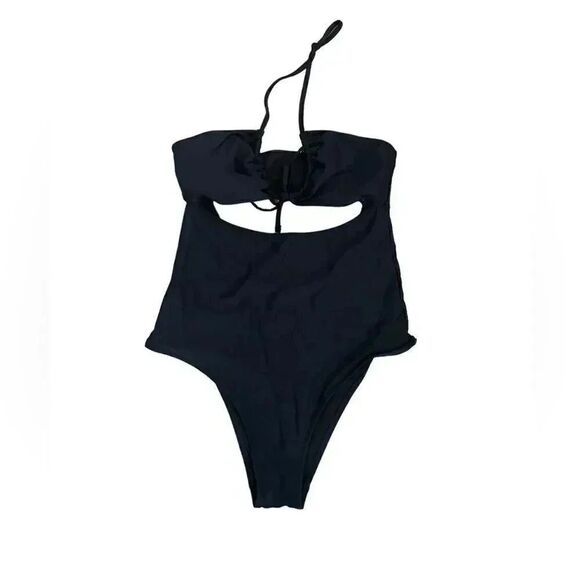 Aerie Black Cut Out Lightly Padded One Piece Minimalist Swimming Suit SZ M - Picture 1 of 9